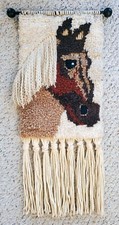 Vintage Needlepoint Horse Picture Wall Art Decor w/ Wooden Hanging Rod  Tassels