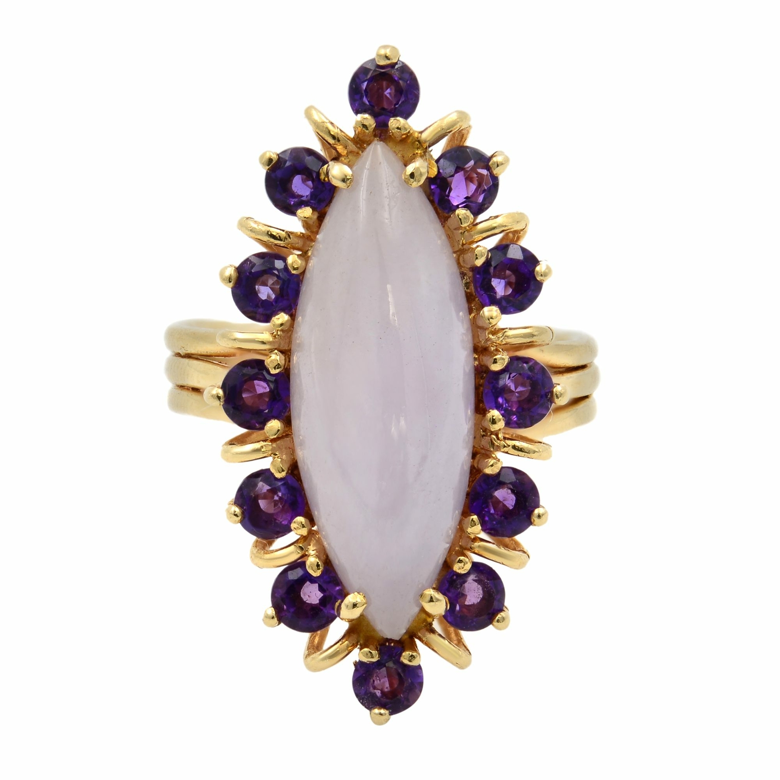 Natural Chalcedony Stone with Amethyst Cocktail Ring 18K Yellow Gold Size 6