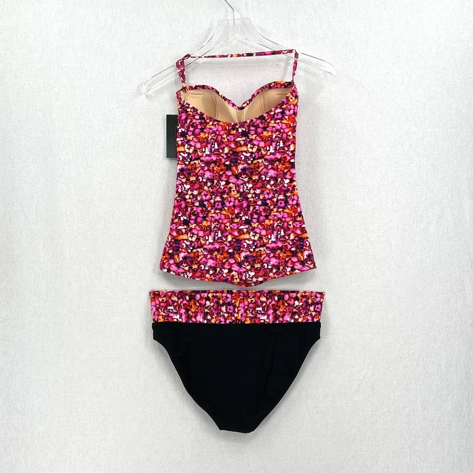 PROFILE Ruched Print Halter Tankini Swimsuit Women 10 Pink Black Convertible NEW - Image 2 of 4