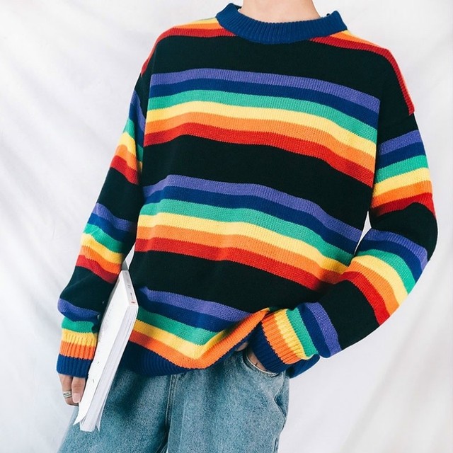 Mens Rainbow Striped Sweater Loose Fit Pullover Jumper Knitted Casual