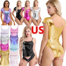 Women's Shiny Metallic Bodysuit High Cut Leotard Outfits Slim Fit Dancewear