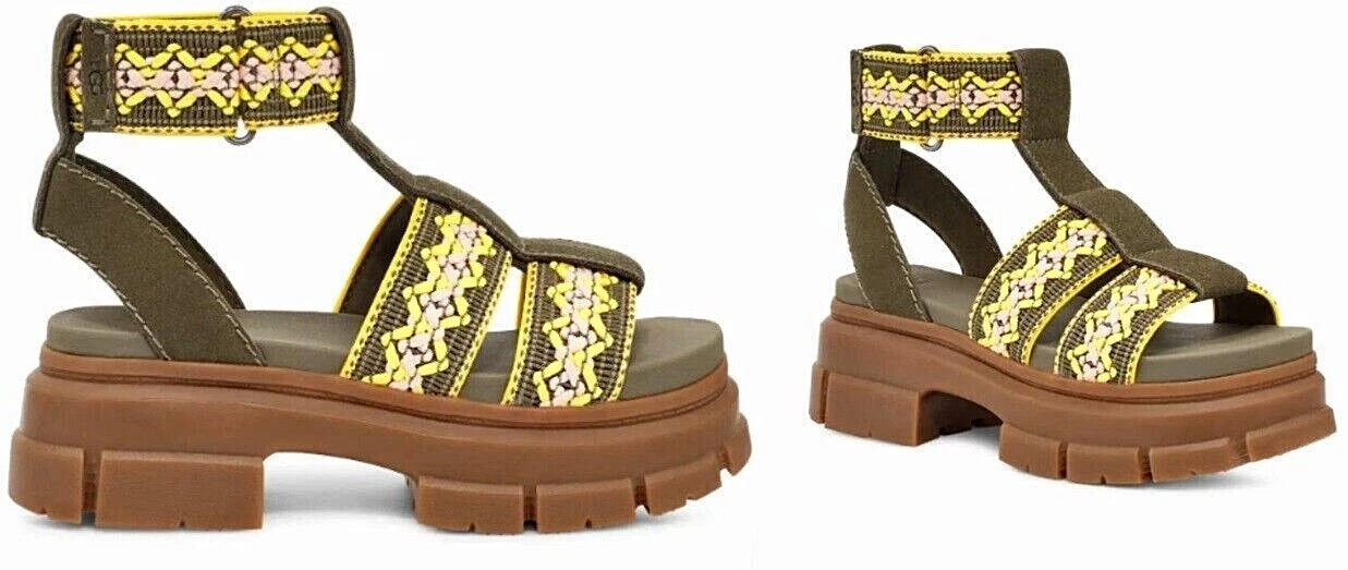 Sandali UGG Ashton Heritage treccia plateau oliva castagno scamosciato gladiatore donna
