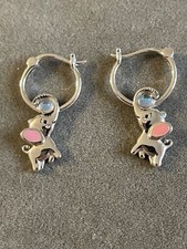   14k Pink Enamel Ear Silver Elephant Earrings