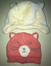 2 baby girls WINTER HATS fleece 6-12 KOALA KIDS 0-9 pink knit kitten CARTERS