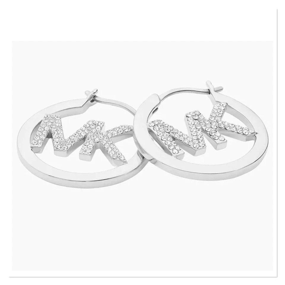 MICHAEL KORS Silver Tone Brass Pave Logo Hoop Earrings MKJ7636040 — 第 4/4 张图片