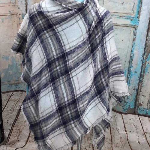 Soft Plaid Knit Blanket Scarf Wrap Shawl - Blue/White One Size