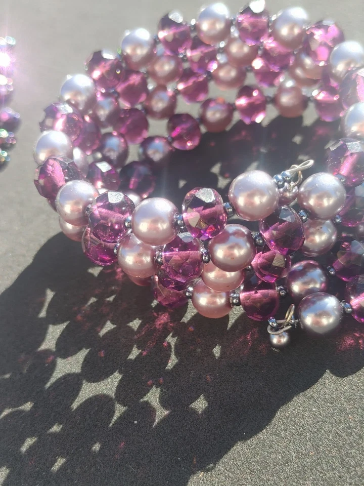 titanium tone beaded fringe necklace set green faux pearls Purple Bracelet - Imagem 4 de 4