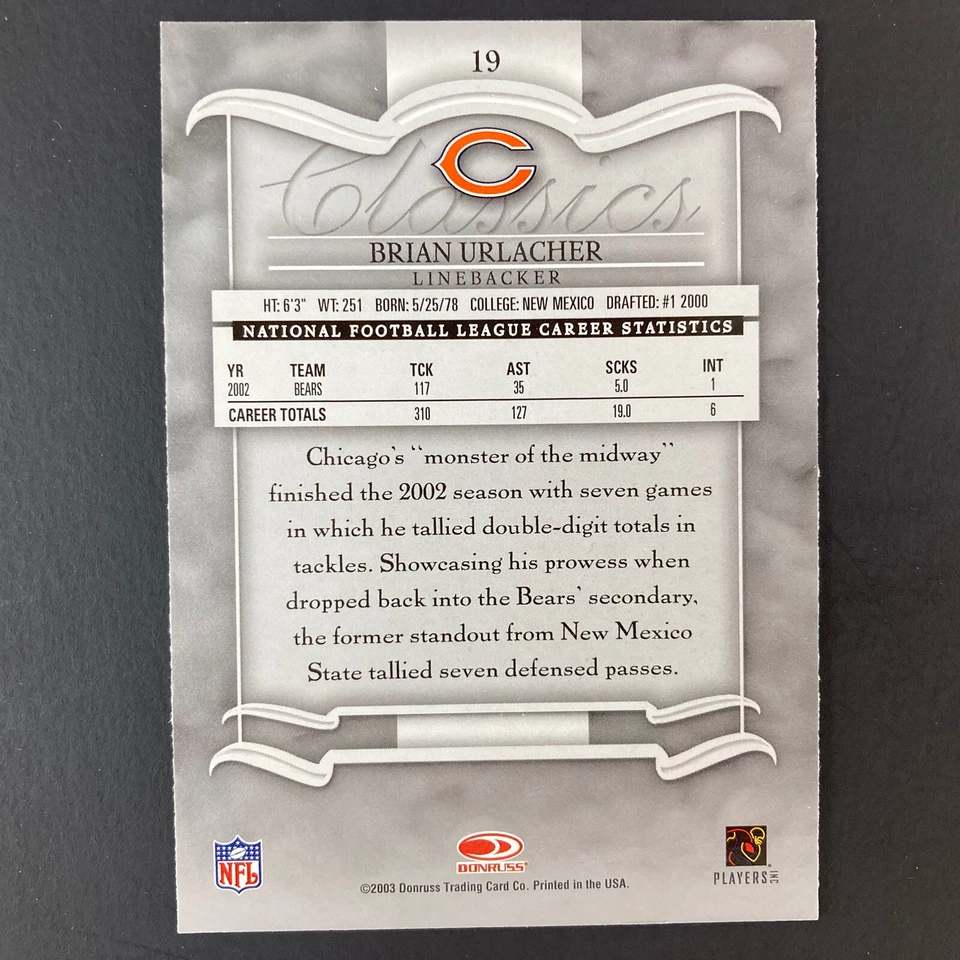 Brian Urlacher 2003 Donruss Classics Card #19 NFL HOF Chicago Bears - Image 2 of 2