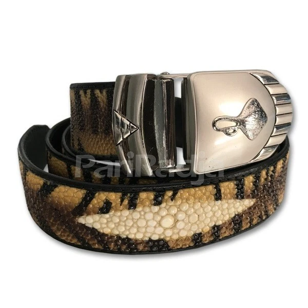 Genuine Stingray Leather Belt with Diamond Eye Yellow Tiger Pattern