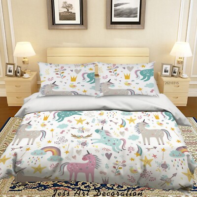 3D Unicorn Stars Cartoon Pattern Quilt Cover Set Bedding Sets Pillowcases Queen