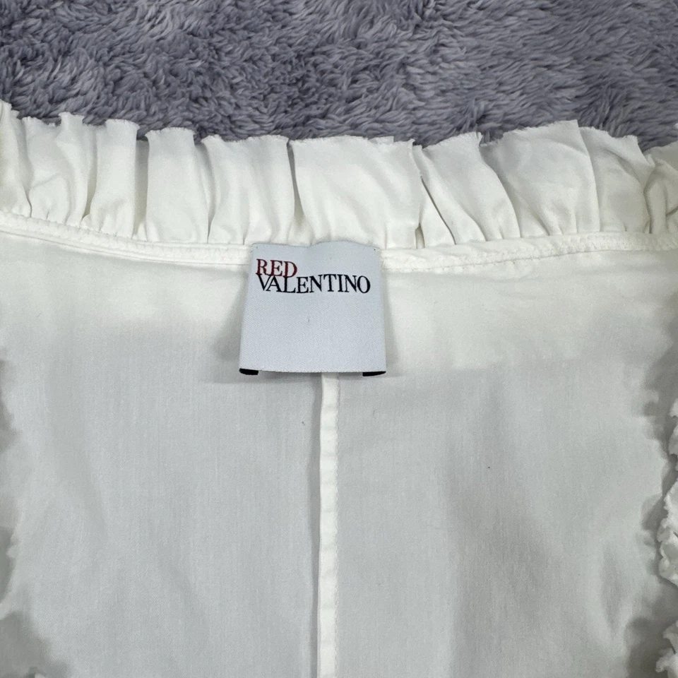 Blusa Top Rojo Valentino UK 10 12 EU 40 US 2 Damas Blanco Mezcla de Algodón Volantes Foto 4 de 4