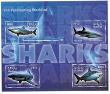 Maldives Sharks Souvenir Stamp Sheet Of 4 MNH Great White Silky Silvertip Gem