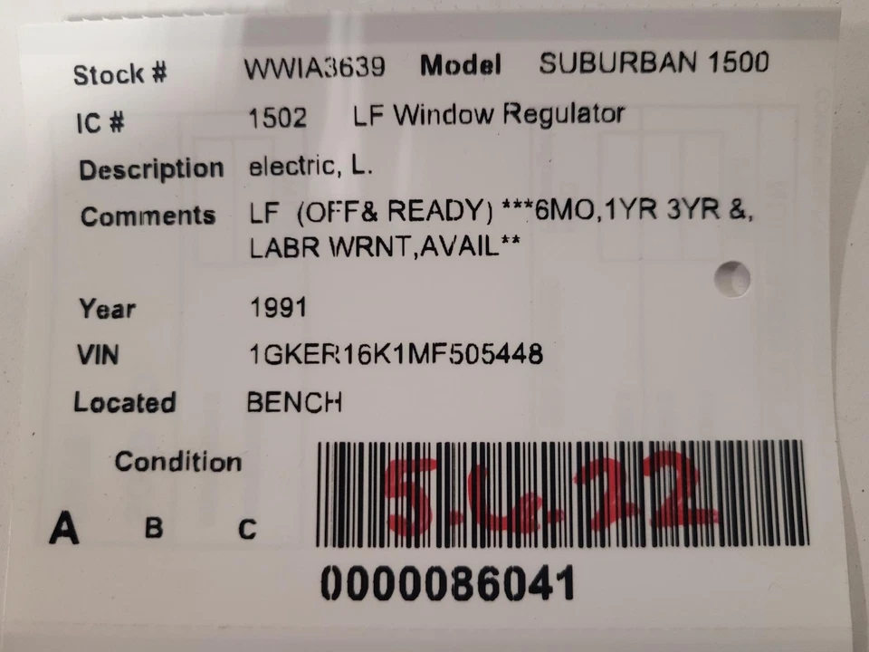 Used Front Left Door Window Regulator Front fits: 1991 Gmc Suburban 1500 electri Foto 3 de 4