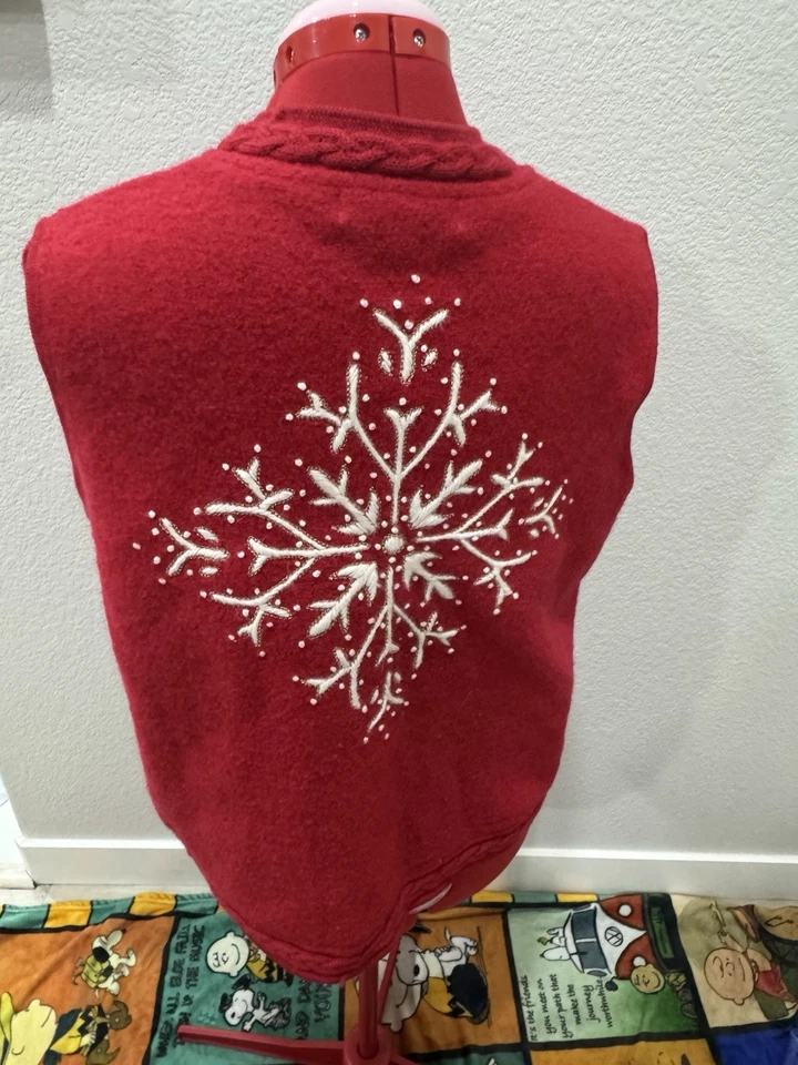 Coldwater Creek Feo Navidad Suéter Chaleco Bordado Rojo Blanco Lana Talla L Foto 2 de 4
