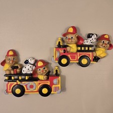 Vintage 1990 Homco Fire Truck Wall Plaques Teddy Bear Dalmatian Set USA