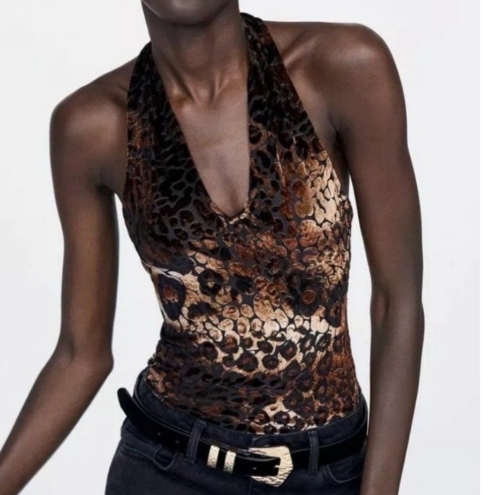 Zara Bodysuit Women M Animal Leopard Print Burnout Velvet Halter Brown Black New