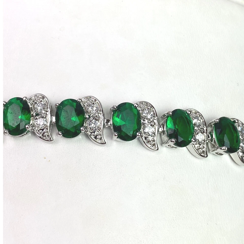 Pulsera Cristal Verde Esmeralda Tono Plata Disfraz Cóctel Piedras Preciosas Foto 2 de 4