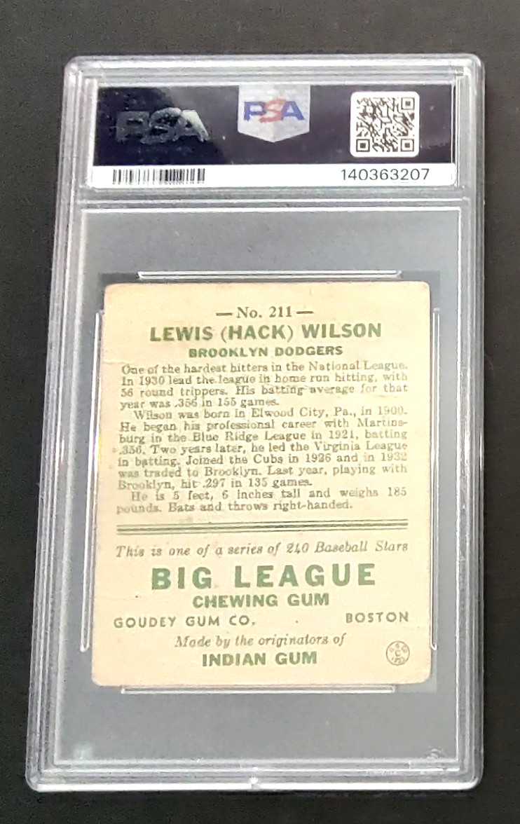 1933 Goudey R319 Hack Wilson #211 (RC) PSA 1 view 2