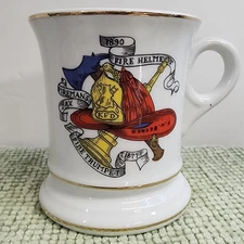 Vintage Firefighter Mustache Mug Gold Trim Fire Helmet Ax Trumpet KFD