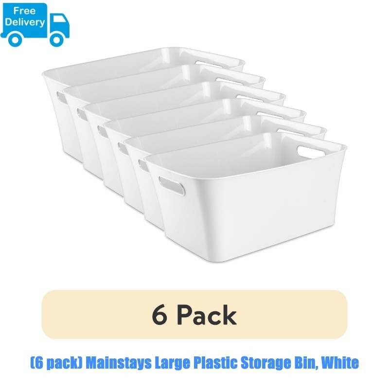 6 Pack Mainstays Large White Plastic Storage Bins