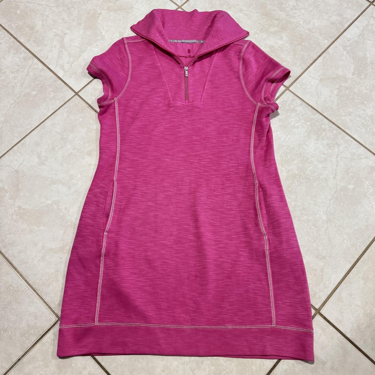 Tommy Bahama Sweater Dress Womens Large Pink Half Zip Short Sleeve
