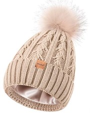 Satin Lined Beanie for Women with Pom Pom, Fashionable Womens Winter Hats Sil...