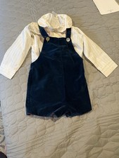 Vintage Toddler Boys Navy Velvet Short Overalls W/Long Sleeve Striped Shirt. 4T