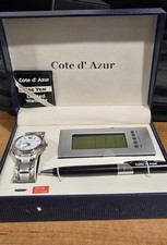 Cote d' Azur Men's 3-Piece Accessory Set Silver Black Watch Pen Clock