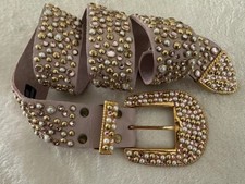 MAUD BRAND VINTAGE LEATHER BELT BEADED STUD CRYSTAL PEARLS PINK MED NEW BB SIMON