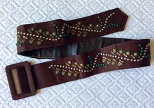 Vintage Pyramid Brand Maroon Leather Fabric Silver Green Studded Belt 1970s EUC