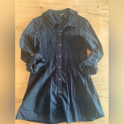 Conrad C Smocked Black Cotton Button Down Shirt Long Women's Medium Preloved