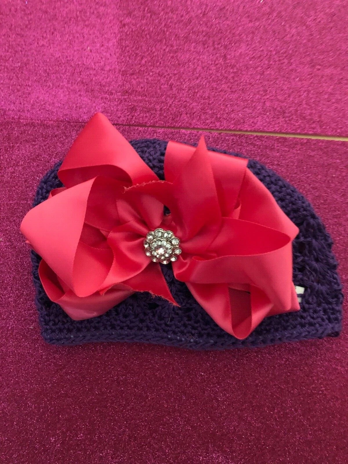 Baby Infant crochet beanie with bow pink and diamond flower purple