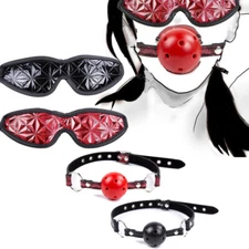 BDSM PU Leather Padded Eyes Blindfold Open Mouth Gag Oral Ball Bondage Restraint