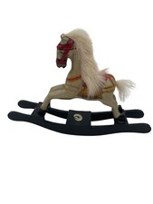 Vintage Wooden Rocking Horse Figurine With Faux Fur Mane  Red Painted Details
