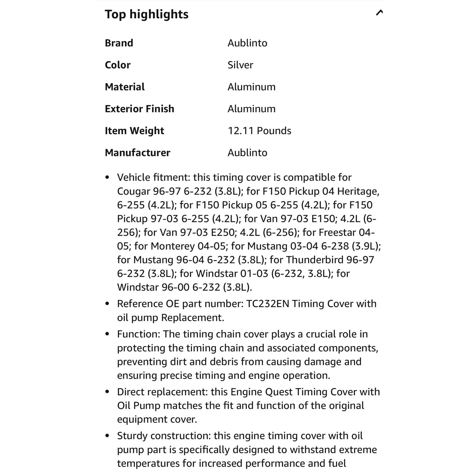 Timing Cover w/ Oil Pump Ford F150 Mustang Windstar Cougar Van TC232EN