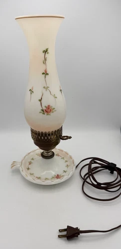 Vintage Milk Glass Electric Lamp Hand Painted Roses UL Inspected 1940s