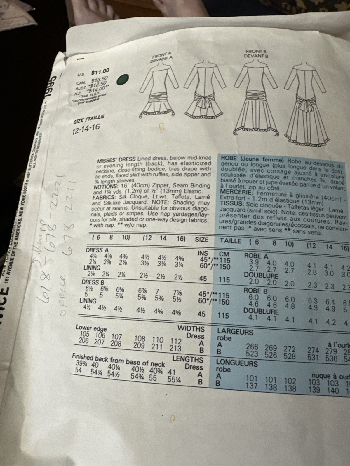 Abito da sera Vogue Patterns Yves Saint Laurent 1995 taglia 12 14 16 Misses 1987