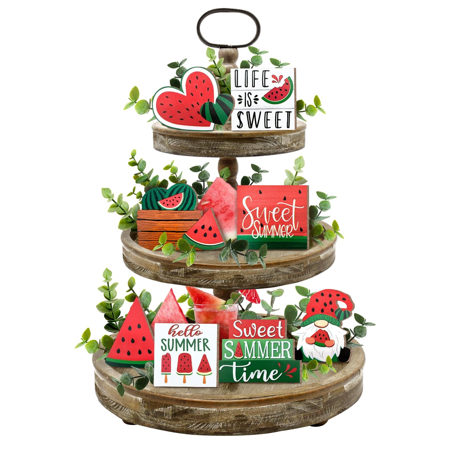 Summer Tiered Tray Decor, Farmhouse Watermelon Tray Decorations, Hello Summer...