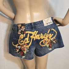 NWT Ed Hardy Blue Denim Shorts Double Tiger Print Cut Off Graphic Women's size L