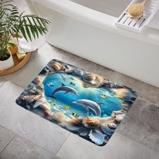 Dolphin Bath Mat Ocean Beach Coastal Seashell Tropical Fish Life Animal Memor...