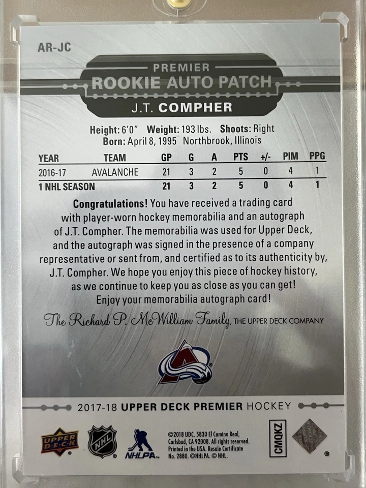 2017-18 Upper Deck Premier - Acetate Rookie Auto Patch J.T. Compher #AR-JC /299  - Image 3 of 3