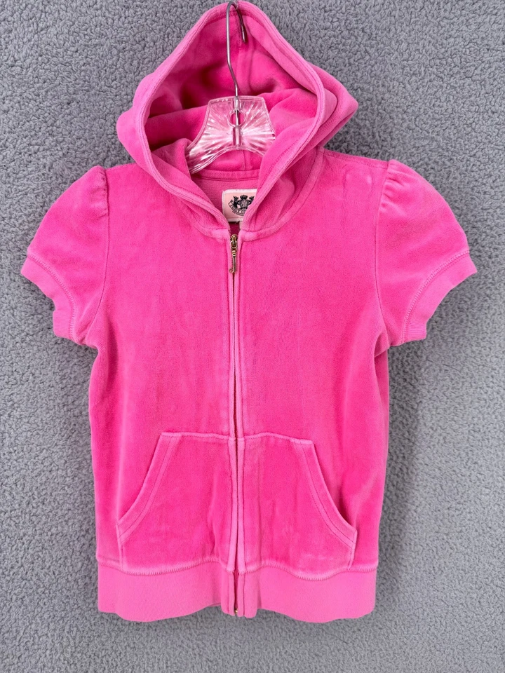 Y2K Camp Juicy Couture Hot Pink Short Sleeve Terry Hoodie Logo Girls 10 - Image 2 of 4