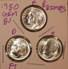 1950 P D S SILVER ROOSEVELT DIMES GEM BU D FULL BANDS! KEY DATE 500155 (3 COINS)