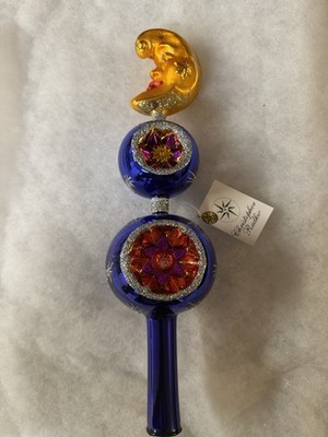 Christopher Radko Blue Gold Glass Moon Star Tree Topper Glitter 2002 MPN