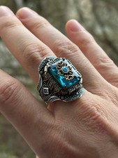 Handmade 925 Sterling Silver Aquamarine Stone Men's Ring Gothic Design
