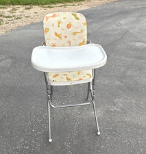 Foldable Metal Baby High Chair with Removable White Tray, Animal Print Seat