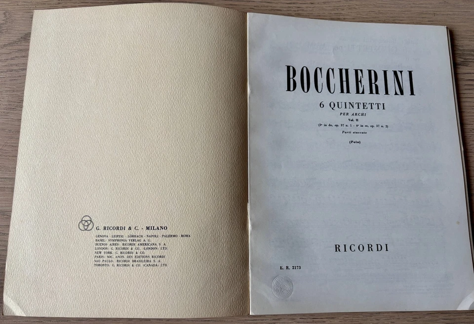 BOCCHERINI QUINTETS OP 37 NO's 3 & 4 SHEET MUSIC BOOK (1949) ALL PARTS ITALY - Image 2 of 4