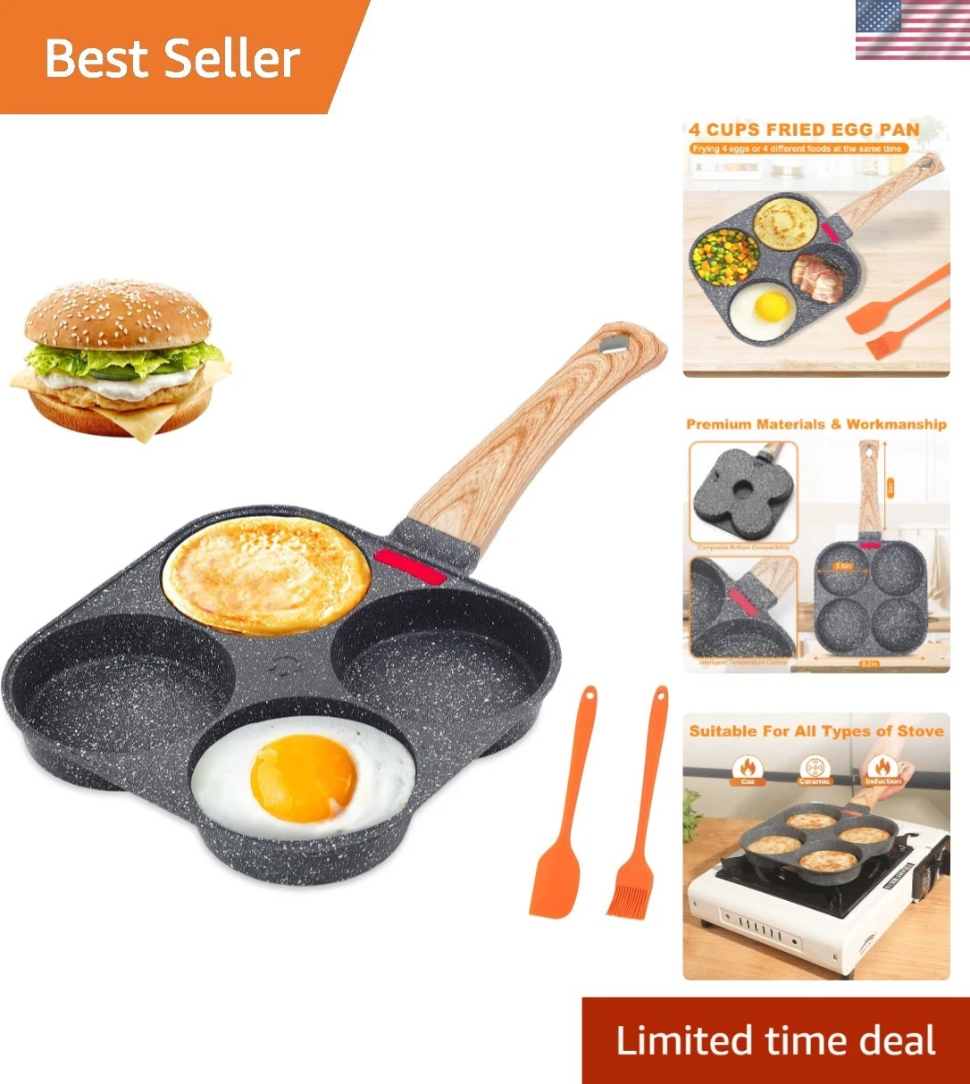 4-Cup Egg Pan Nonstick, Healthy Aluminum Omelette Pan, Breakfast Omelette Ski...