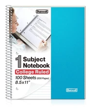 Dunwell College Ruled Notebook 100 Sheets 8.5 x 11 Spiral Blue
