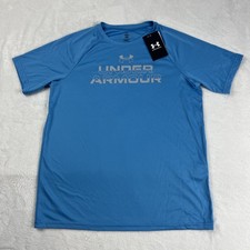 NWT Under Armour Boys UA Tech Split Logo Wordmark SS T-Shirt Size Large Blue